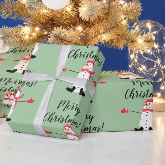 Schattigee Sneeuwman op Sage Green Merry Christmas Cadeaupapier (Feestdagen)