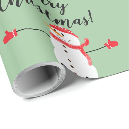 Schattigee Sneeuwman op Sage Green Merry Christmas Cadeaupapier (Rol Hoek)