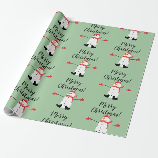 Schattigee Sneeuwman op Sage Green Merry Christmas Cadeaupapier (Uitgerold)