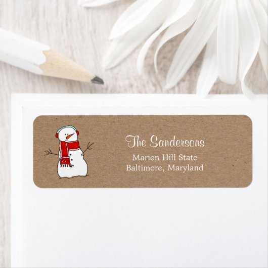 Schattigee sneeuwman rode sjaal kraft papier vakan etiket (Insitu)