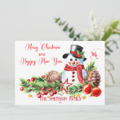 Schattigee sneeuwman rood en wit gepersonaliseerd feestdagenkaart (Staand voorkant)