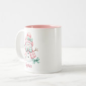 Schattigee Sneeuwman Roze Groen Gepersonaliseerde  Tweekleurige Koffiemok (Voorkant links)