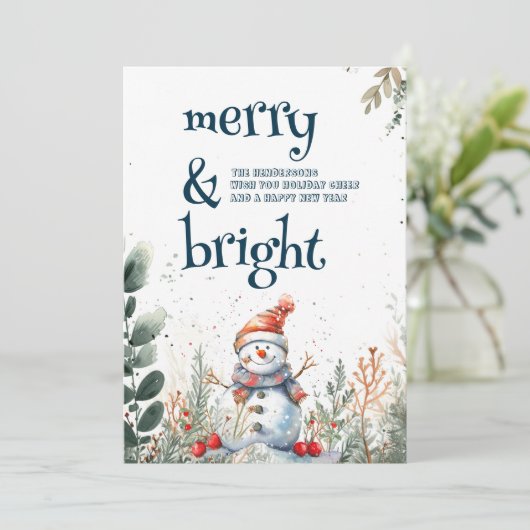 Schattigee sneeuwman vrolijk en helder feestdagenkaart (Staand voorkant)