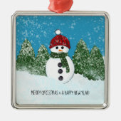 Schattigee sneeuwman | Vrolijk kerstfeest en geluk Metalen Ornament (Voorkant)