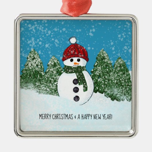 Schattigee sneeuwman | Vrolijk kerstfeest en geluk Metalen Ornament (Voorkant)
