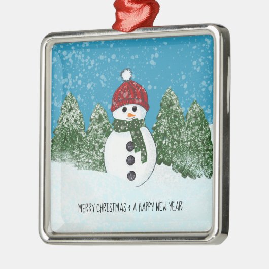 Schattigee sneeuwman | Vrolijk kerstfeest en geluk Metalen Ornament (Links)