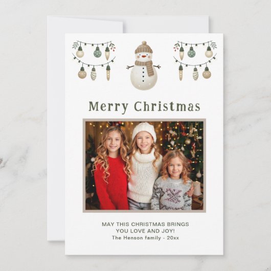 Schattigee Sneeuwman Vrolijk Kerstfeest Familiefot Feestdagenkaart (Voorkant)