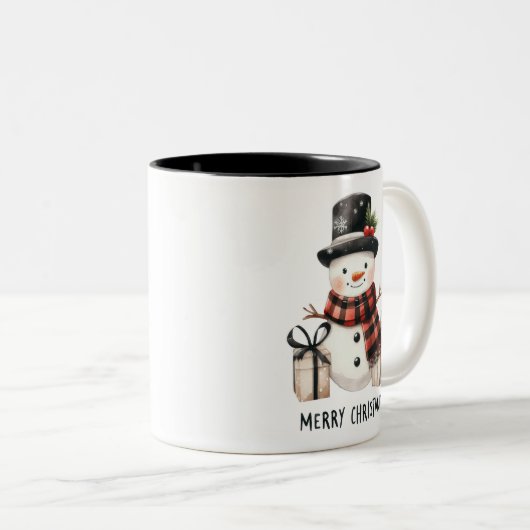 Schattigee Sneeuwman / Vrolijk Kerstfeest Tweekleurige Koffiemok (Voorkant rechts)