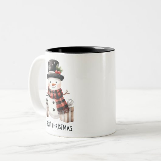 Schattigee Sneeuwman / Vrolijk Kerstfeest Tweekleurige Koffiemok (Voorkant links)