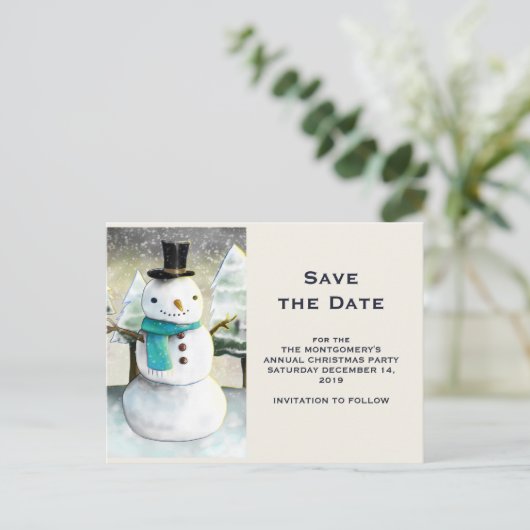 Schattigee Sneeuwman Winter Scène Kerstmis Save th Uitnodiging Briefkaart (Staand voorkant)