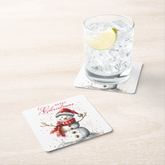 Schattigee Sneeuwman Winter Waterverf Vrolijk Kers Kartonnen Onderzetters (Insitu)