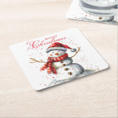 Schattigee Sneeuwman Winter Waterverf Vrolijk Kers Kartonnen Onderzetters (Schuin)