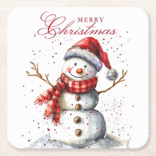 Schattigee Sneeuwman Winter Waterverf Vrolijk Kers Kartonnen Onderzetters (Voorkant)