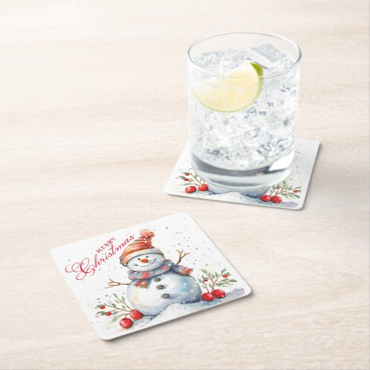 Schattigee Sneeuwman Winter Waterverf Vrolijk Kers Kartonnen Onderzetters (Insitu)