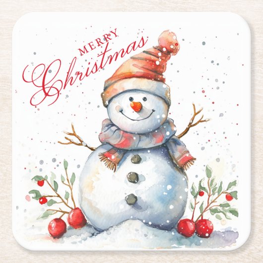 Schattigee Sneeuwman Winter Waterverf Vrolijk Kers Kartonnen Onderzetters (Voorkant)