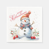 Schattigee Sneeuwman Winter Waterverf Vrolijk Kers Servet (Voorkant)