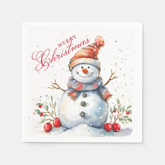 Schattigee Sneeuwman Winter Waterverf Vrolijk Kers Servet (Voorkant)