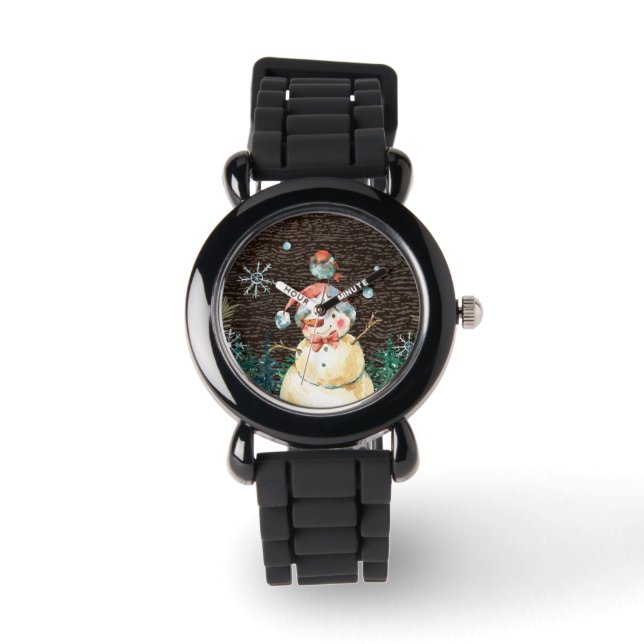Schattigee Sneeuwman & Woodland Dieren Kerst Schat Horloge (Voorkant)
