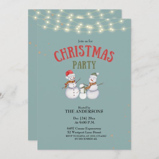 Schattigee Sneeuwmannen Familie Kerstfeest Uitnodi Kaart (Voorkant / Achterkant)
