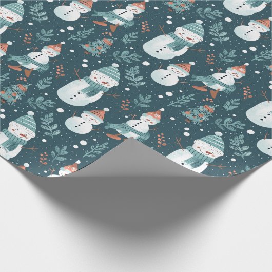 Schattigee Sneeuwmannen Greenery Sneeuwgroen Kerst Cadeaupapier (Hoek)