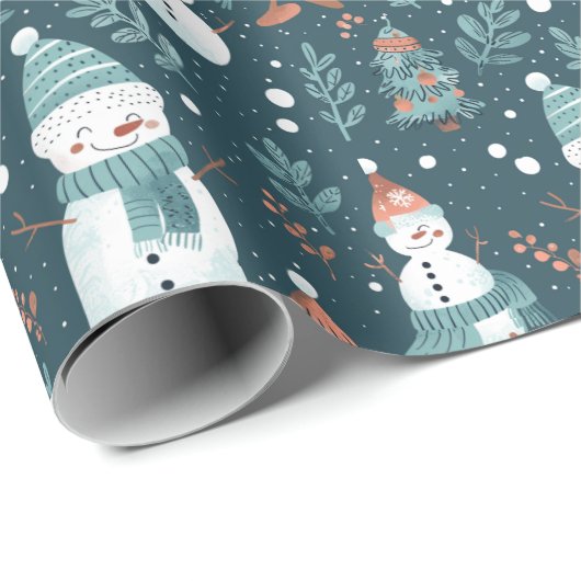 Schattigee Sneeuwmannen Greenery Sneeuwgroen Kerst Cadeaupapier (Rol Hoek)