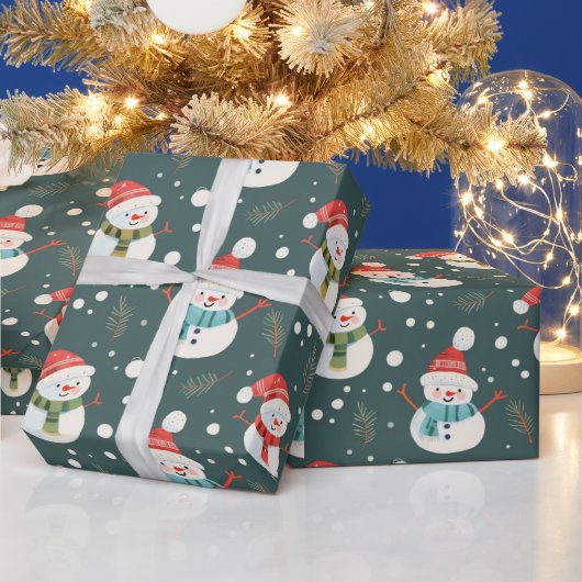 Schattigee Sneeuwmannen Greenery Sneeuwgroen Kerst Cadeaupapier (Feestdagen)