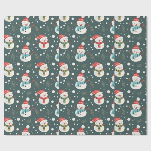 Schattigee Sneeuwmannen Greenery Sneeuwgroen Kerst Cadeaupapier (Vlak)