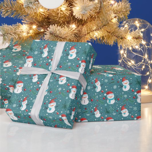 Schattigee Sneeuwmannen Greenery Sneeuwgroen Kerst Cadeaupapier (Feestdagen)
