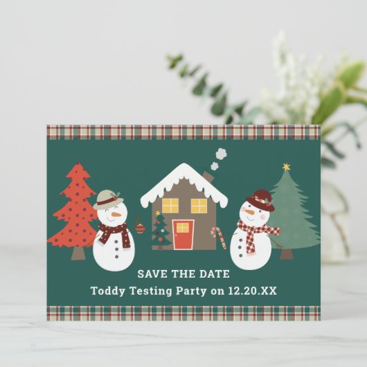 Schattigee Sneeuwmannen Kerst Plaid Save the Date  Kaart (Staand voorkant)