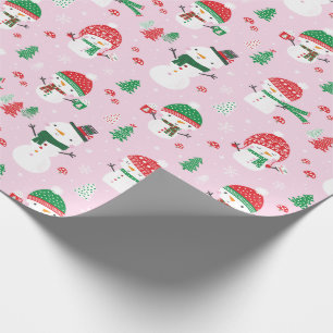 Schattigee Sneeuwmannen met kerstbomen op lichtroz Cadeaupapier