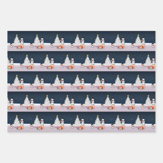 Schattigee sneeuwmannen Vrolijke Kerstboom Sneeuw Inpakpapier Vel (Voorkant)