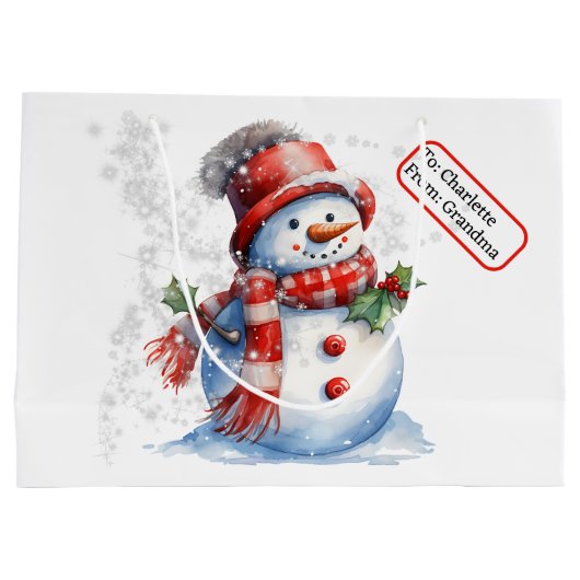 Schattigee sneeuwpop aangepaste naam Label kerstsn Groot Cadeauzakje (Achterkant)