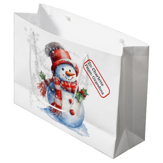 Schattigee sneeuwpop aangepaste naam Label kerstsn Groot Cadeauzakje (Voorkant Gekanteld)