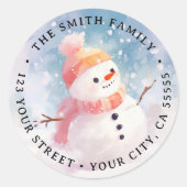 Schattigee sneeuwpop illustratie schilderij retour ronde sticker (Voorkant)