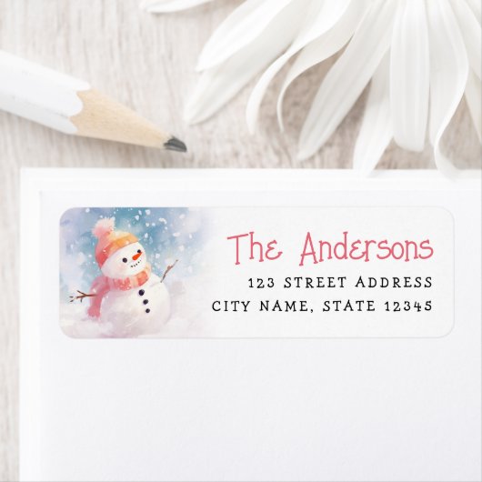 Schattigee sneeuwpop illustratie winter retour adr etiket (Insitu)