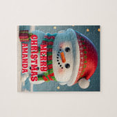 Schattigee sneeuwpop kerst gepersonaliseerde Kinde Legpuzzel (Horizontaal)