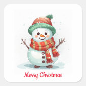 Schattigee sneeuwpop kerst vierkante sticker (Voorkant)