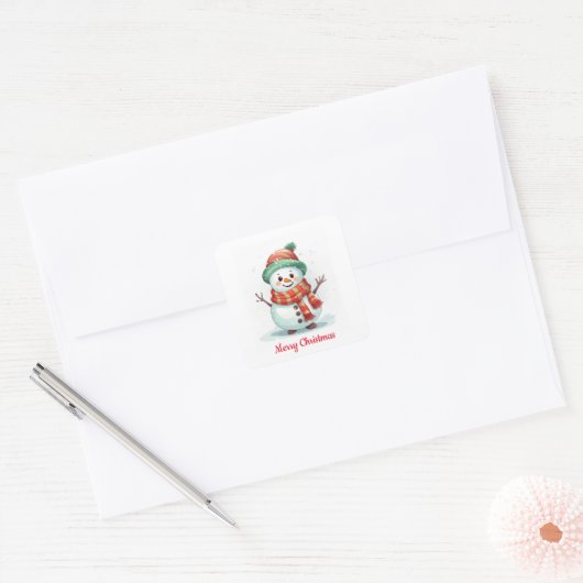 Schattigee sneeuwpop kerst vierkante sticker (Envelop)