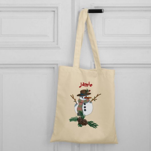 Schattigee sneeuwpop met jouw naam erop. tote bag