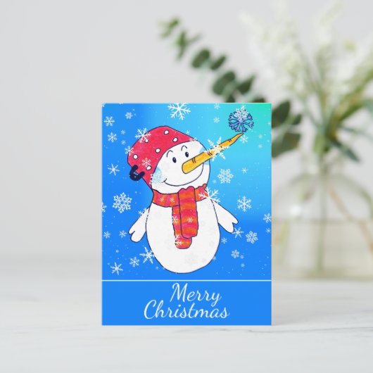 Schattigee sneeuwpop met sneeuwvlok Tekening Kerst Feestdagenkaart (Staand voorkant)