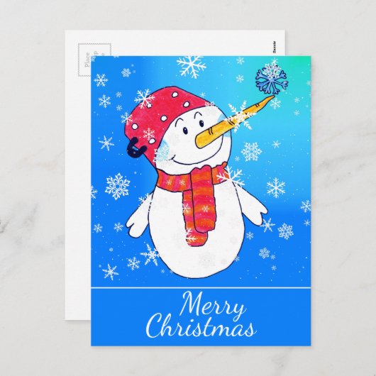 Schattigee sneeuwpop met sneeuwvlok Tekening Kerst Feestdagenkaart (Voorkant / Achterkant)