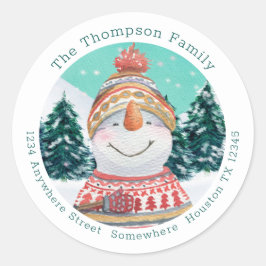 Schattigee sneeuwpop retour naam adres Blauwgroen  Ronde Sticker