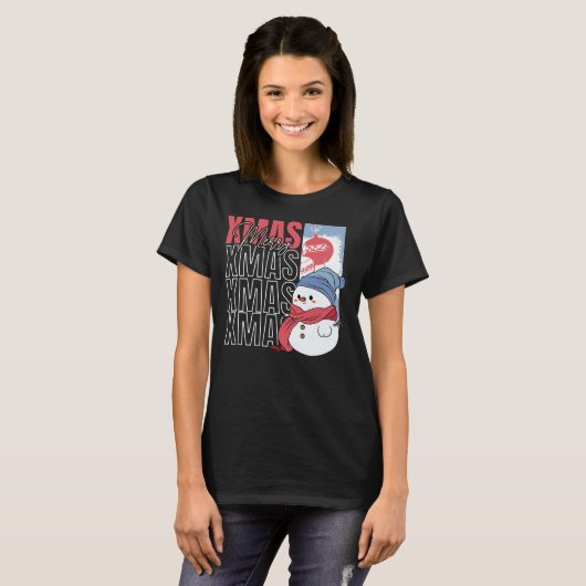 Schattigee sneeuwpop retro kerst t-shirt (Voorkant volledig)