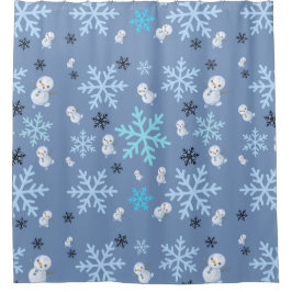 Schattigee sneeuwpoppen en sneeuwvlokken in blauwg douchegordijn
