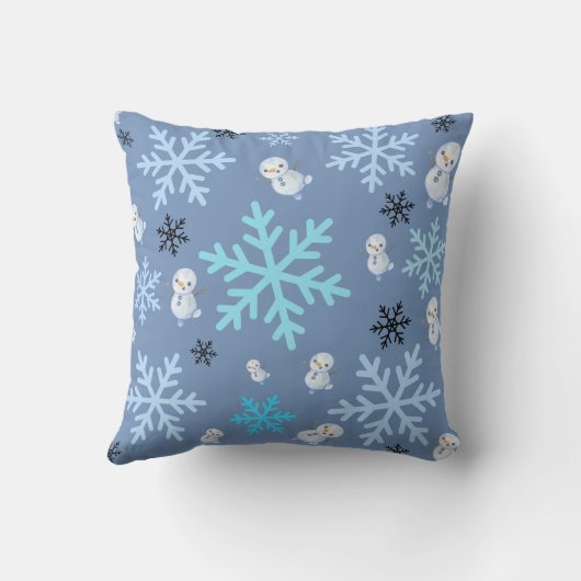 Schattigee sneeuwpoppen en sneeuwvlokken in blauwg kussen (Achterkant)