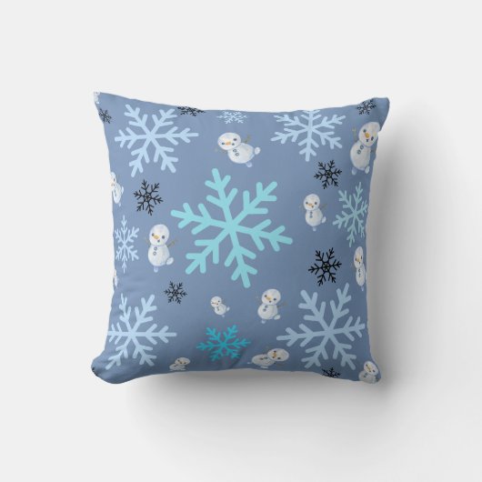 Schattigee sneeuwpoppen en sneeuwvlokken in blauwg kussen (Voorkant)