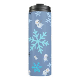 Schattigee sneeuwpoppen en sneeuwvlokken in blauwg thermosbeker