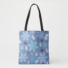 Schattigee sneeuwpoppen en sneeuwvlokken in blauwg tote bag