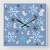 Schattigee sneeuwpoppen en sneeuwvlokken in blauwg vierkante klok (Voorkant)