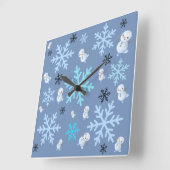 Schattigee sneeuwpoppen en sneeuwvlokken in blauwg vierkante klok (Hoek)